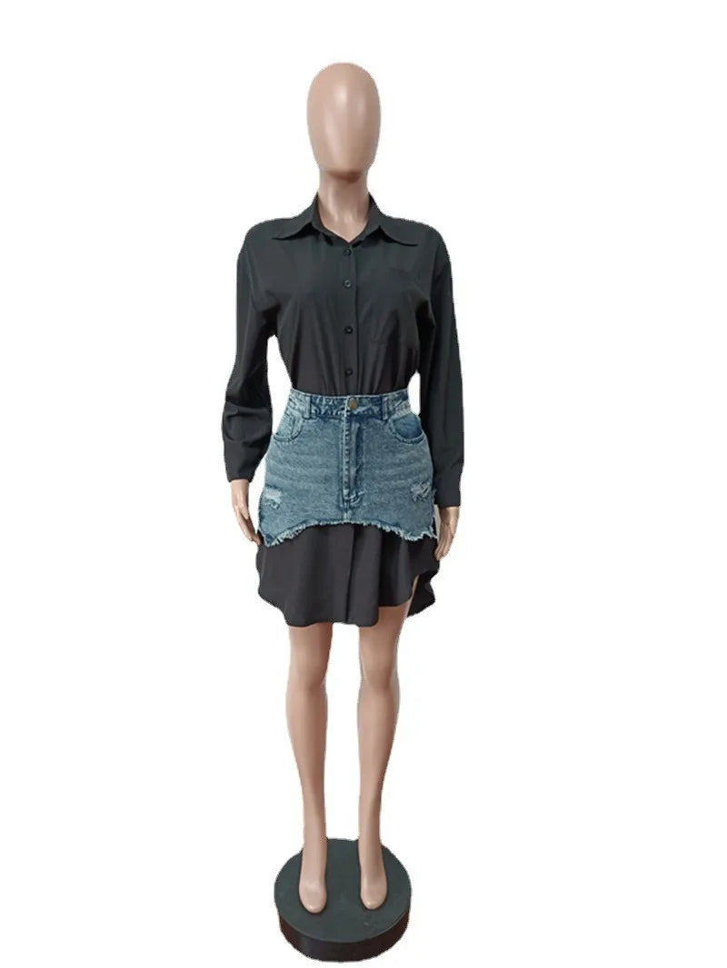 Denim 2 Piece Sets Women Shirt Skirt Suit Hole Single Breasted Turn Down Collar Pocket Splicing Outfits 2025 Skirts Ensemble