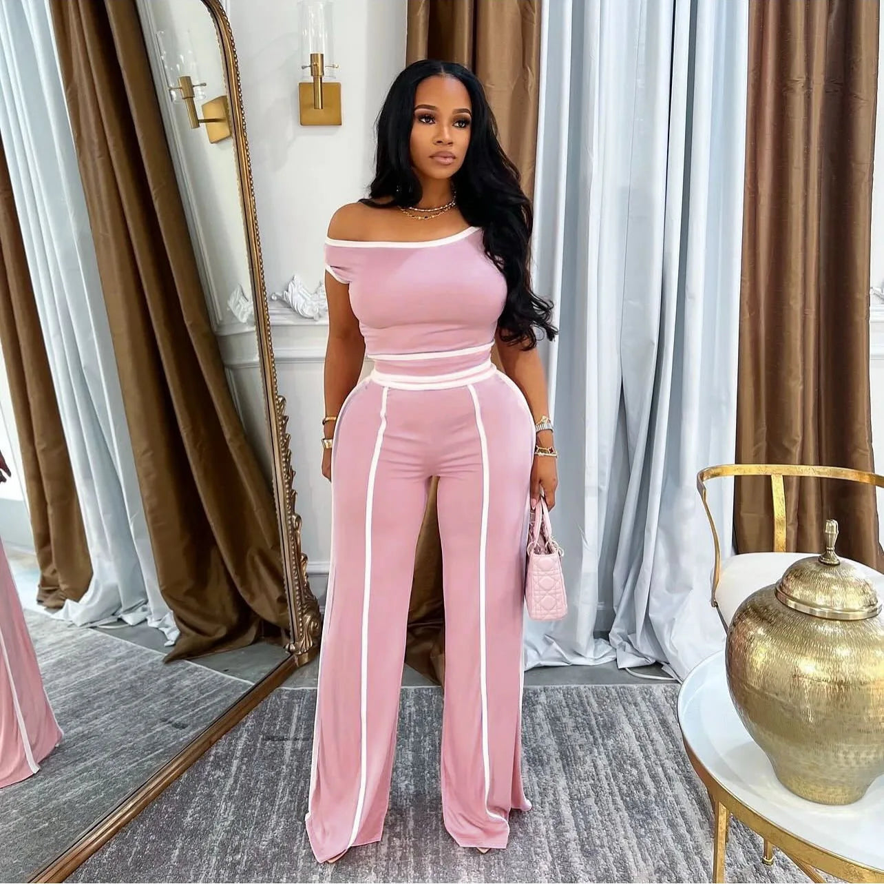 Casual Women's Solid Color Set with Diagonal Shoulders and Wide Legs, Two Piece Set, Summer 2025