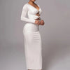 Mozision hollow out long sleeve sexy maxi dress for women fashion solid V neck back split bodycon club long dress elegant