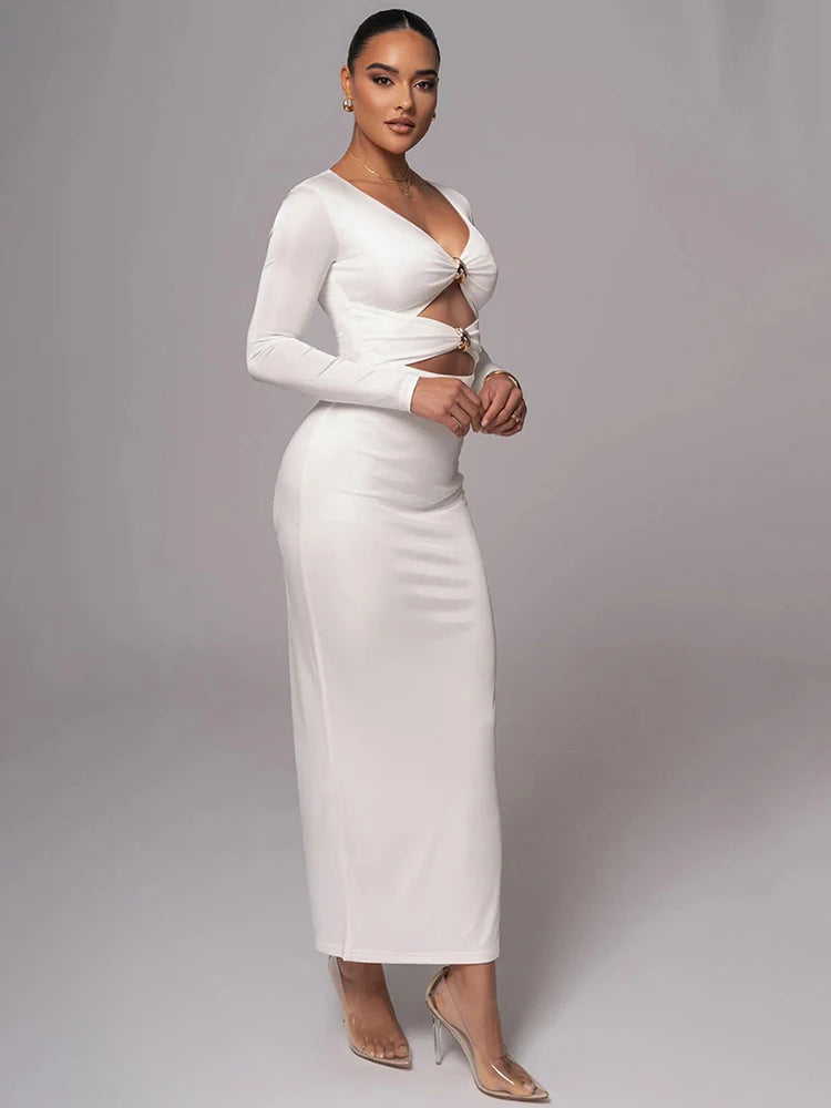 Mozision hollow out long sleeve sexy maxi dress for women fashion solid V neck back split bodycon club long dress elegant