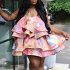 Sexy Suspender Backless Women Party Dress Spring Vintage Printed Hollow Mini Dress Fashion Layered Ruffles Summer Beach Dresses