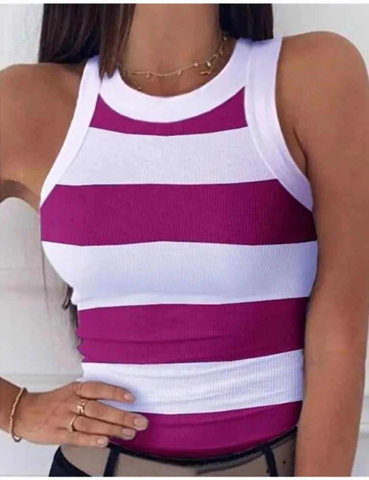 Summer Basic Elastic Tank Top Digital Printing T-shirt Women's O Neck Racerback Sexy Tank Top Stripe Print Sleeveless Tank Top