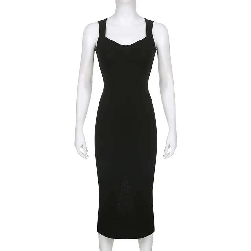 CIBBAR Basic Strick-Maxikleid Koreanische Mode Quadratischer Kragen Ärmellos Damenkleider Sommer Lässig Y2k Vintage All-Match Outfits