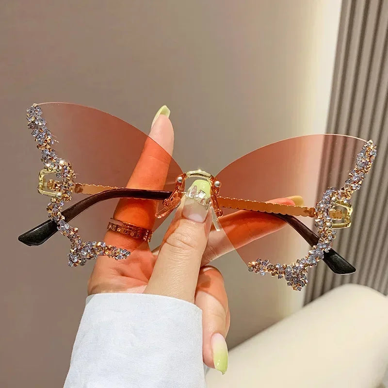 Randlose Sonnenbrille Damen Luxusmarke Strass Sonnenbrille Damen Niedliche Herzform Punk Party Brille очки від сонця женские