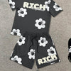 Fashion Men's Black and White Flower Graphic Print T-shirt Shorts 2-piece Set O-neck Short Sleeve Top Elastic Waist Shorts Set