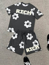 Fashion Men's Black and White Flower Graphic Print T-shirt Shorts 2-piece Set O-neck Short Sleeve Top Elastic Waist Shorts Set
