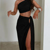 Ladies Spring 2 Pieces Sleeveless Backless Strap Spit Crop Top Side Slit Slim Fit Maxi Skirt Set Women Evening Party Clubwear