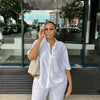 Women Casual Two Piece Pant Set Short Sleeve Turn Down Collar Shirts Top and High Waist Loose Wide Leg Pant Matching Set 2025