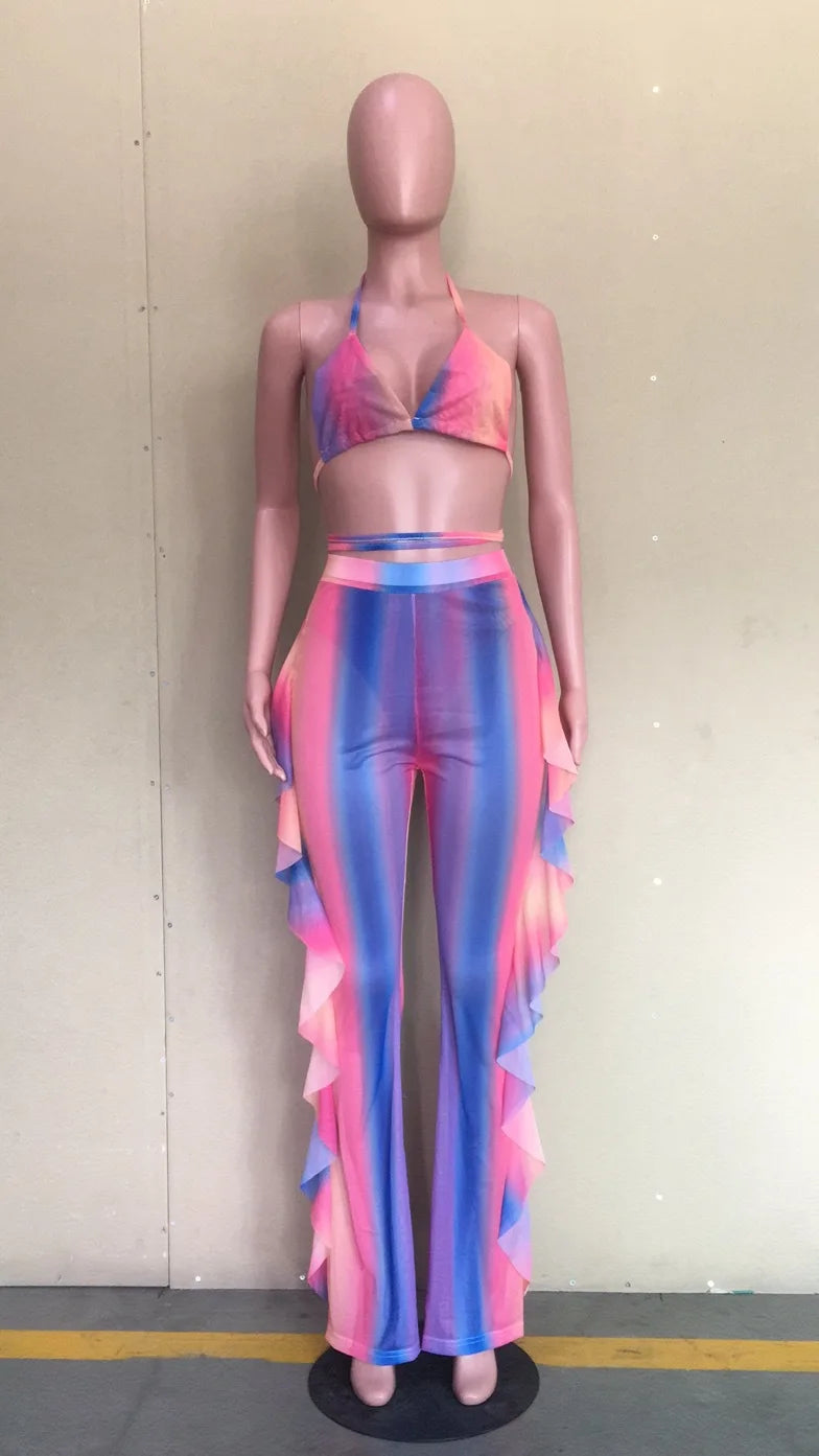 Bra+tassel Pants Suit  2 Piece Set Women Hot Pink Swimsuit Mesh Bathing Suit Sexy Matching Swimwear Viquinis Mujer 2022
