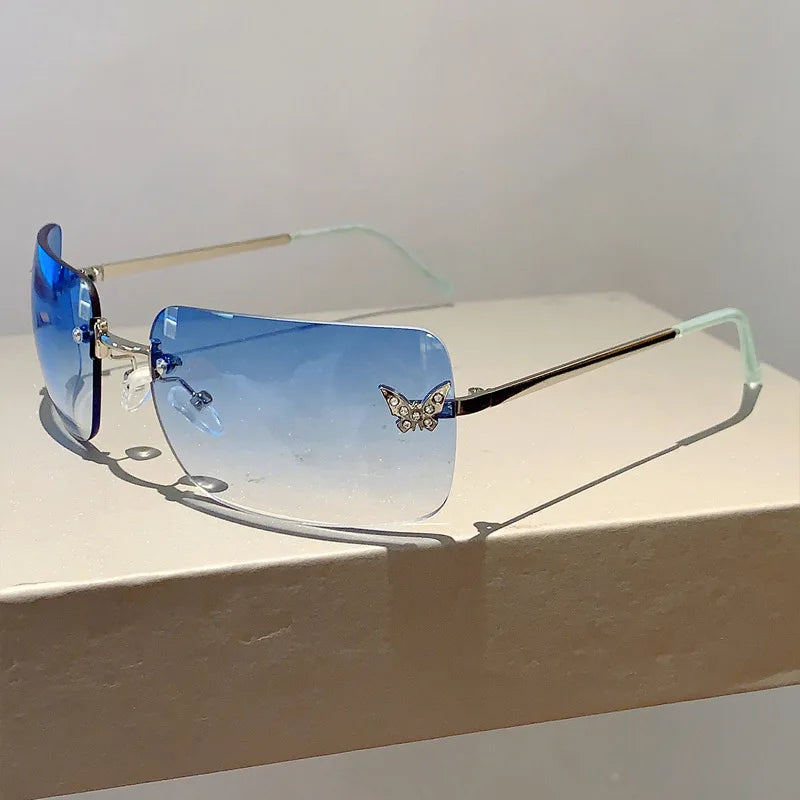 Y2K Luxusmarken Designer Randlose Quadratische Sonnenbrille Damen Für Weibliche Trendige Sonnenbrille Diamant Schmetterling Rosa Punk Shades UV400