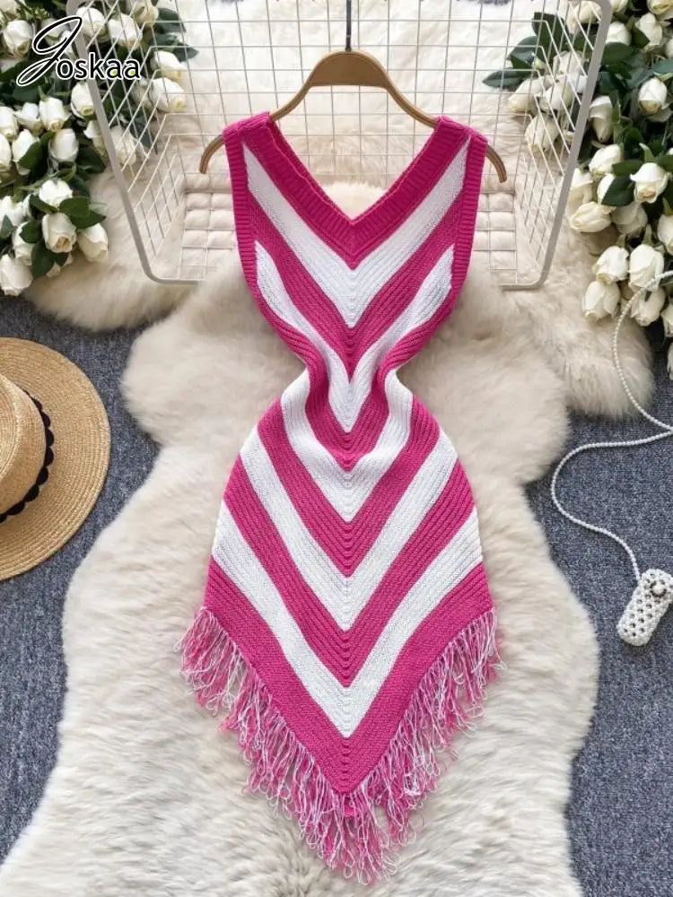 Joskaa 2025 Women's Striped Patchwork Knitted V-Neck Sleeveless Bodycon Asymmetric Fringe Hem Dress Holiday Beach Streetwear