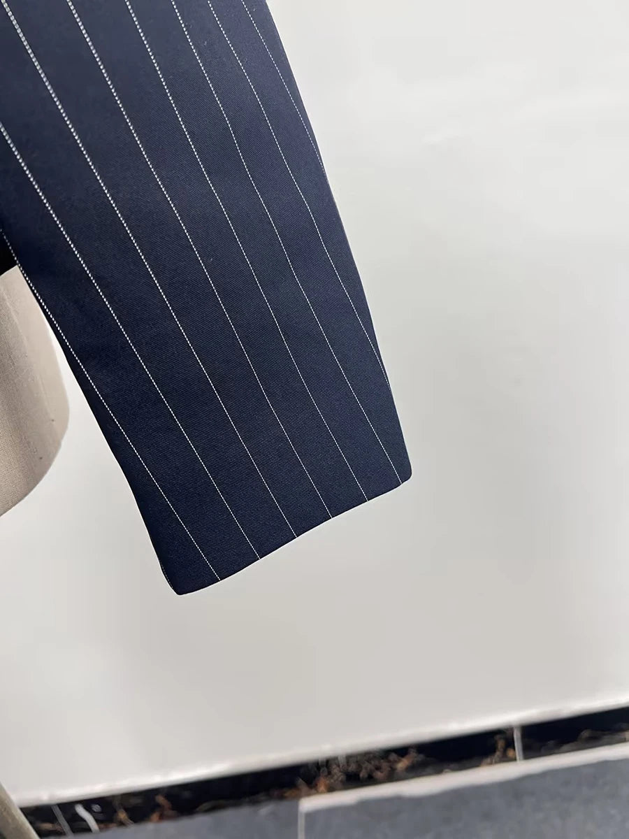 TWOTWINSTYLE Colorblock Striped Slimming Blazers For Women V Neck Long Sleeve Tunic Temperament Coats Female Fashion Clothes New