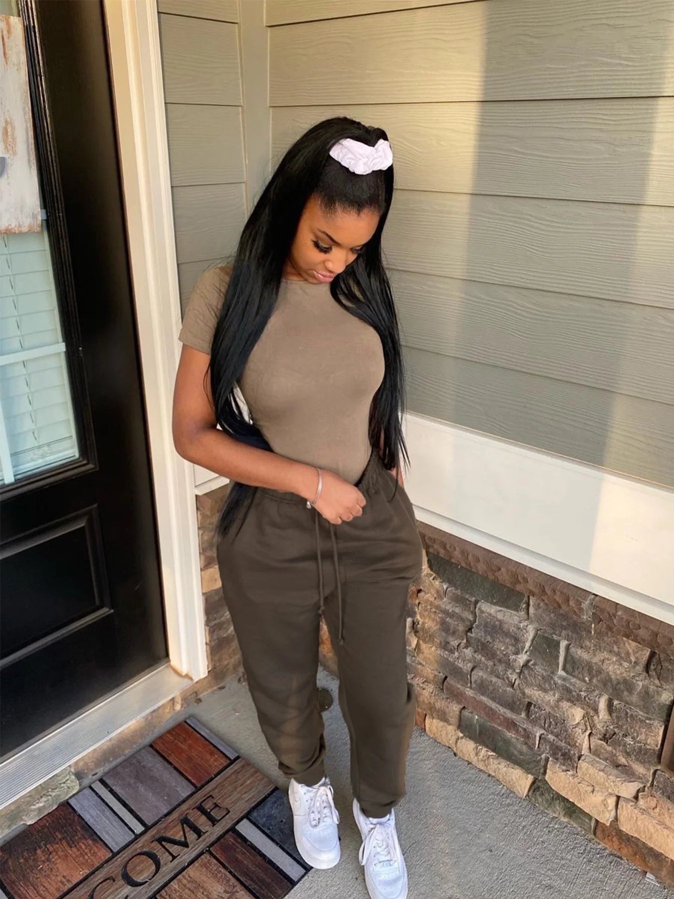 Two Piece Versatile Solid Color Sports And Leisure Set, Women's Cotton Slim Fit T-shirt Paired With Loose Jogging Pants