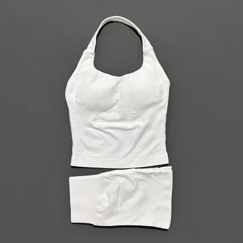 2 Pieces Sports Set Women Backless Halter Tops High Waist Seamless Hight Stretch Shorts Gym Suit Sportswear Workout Sets