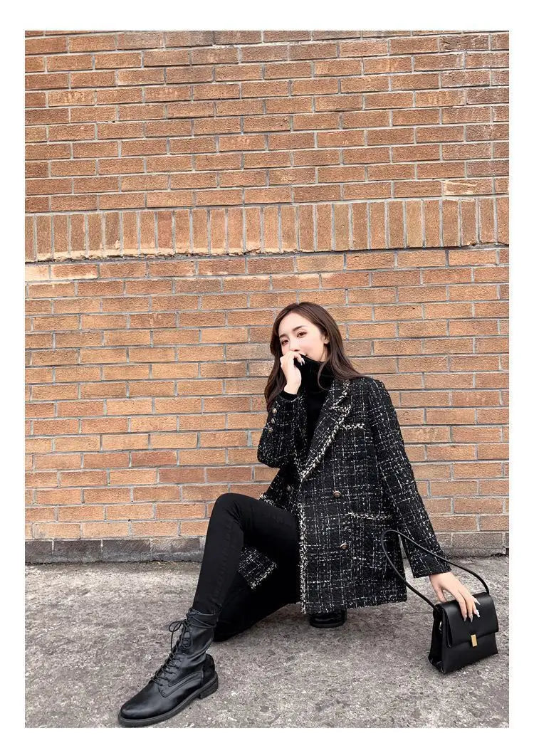 Tweed-Karo Anzugjacke Damen Oberbekleidung Lockerer Mittellanger Zweireihiger Freizeit-Wollblazer Top 2024 Frühling Herbst Neuer Schicker Anzug