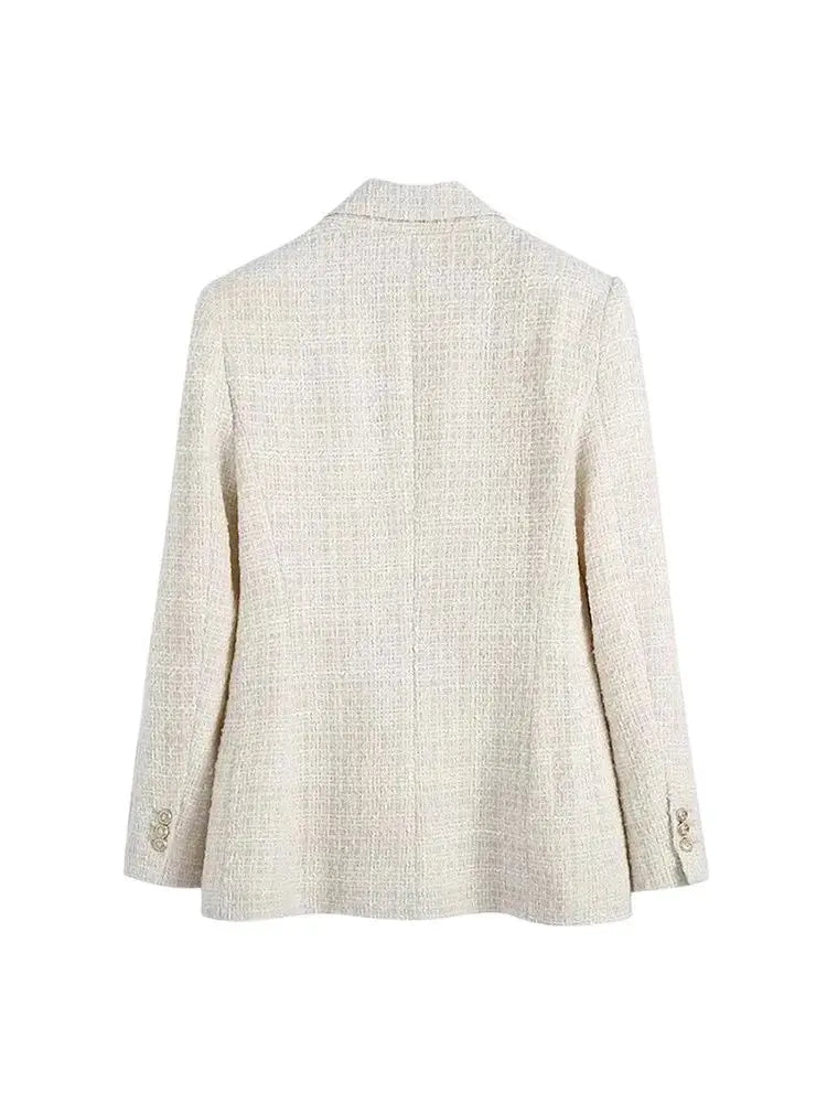 TRZA Women Fashion Tweed Double Breasted Blazer Coat Vintage Long Sleeve Flap Pockets Female Outerwear Chic Veste Femme