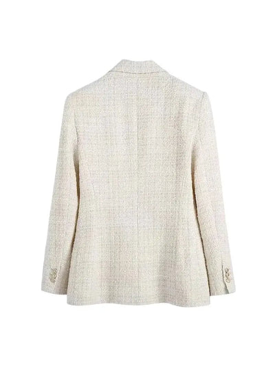 TRZA Women Fashion Tweed Double Breasted Blazer Coat Vintage Long Sleeve Flap Pockets Female Outerwear Chic Veste Femme