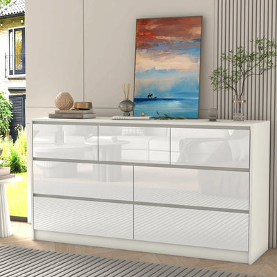 7-Schubladen-Kommode für Schlafzimmer, 55 Zoll moderne Kommode mit Hochglanzschubladen, große Holzkommode, Weiß/Schwarz