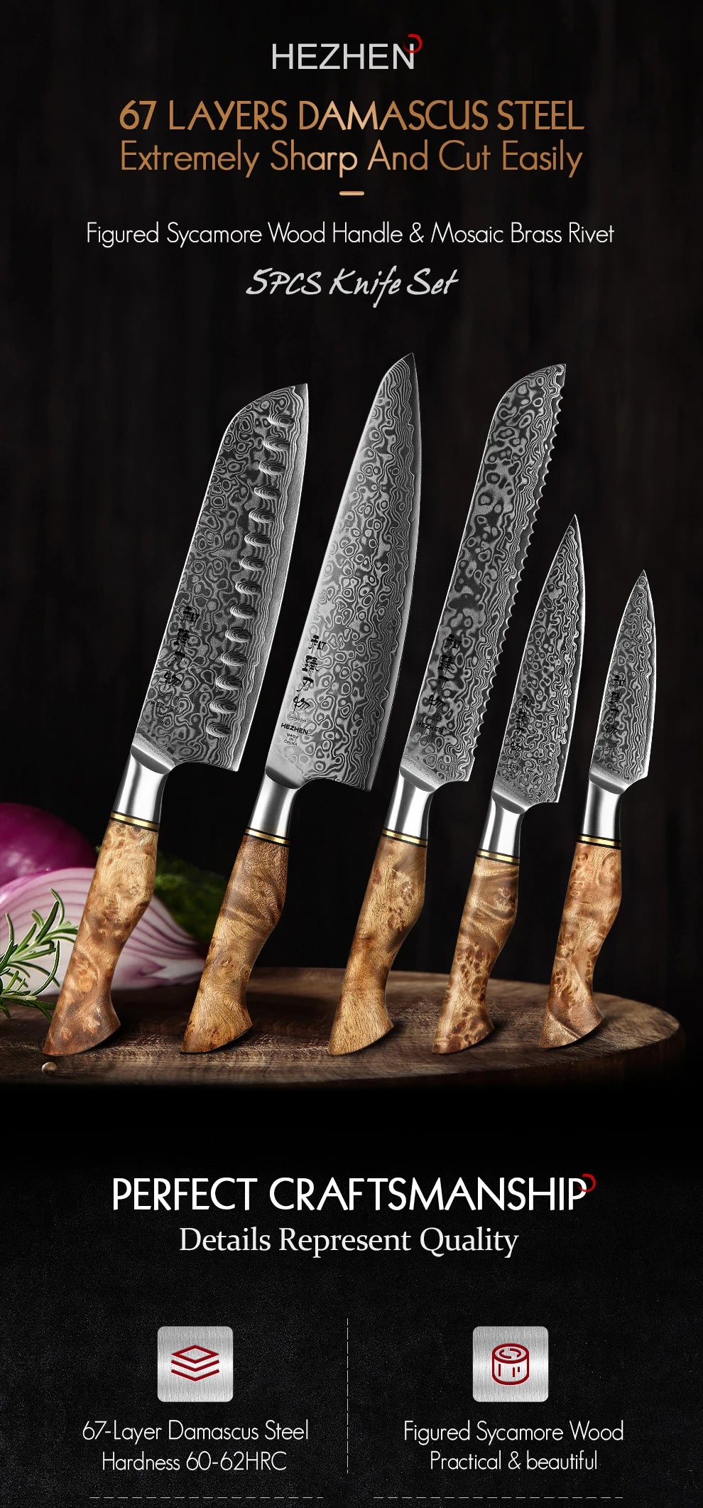 HEZHEN 1-5PC Knife Set Professional Damascus Steel  Chef Santoku Bread Utility Paring Cook Knife For Meat Sharp Kitchen Knife
