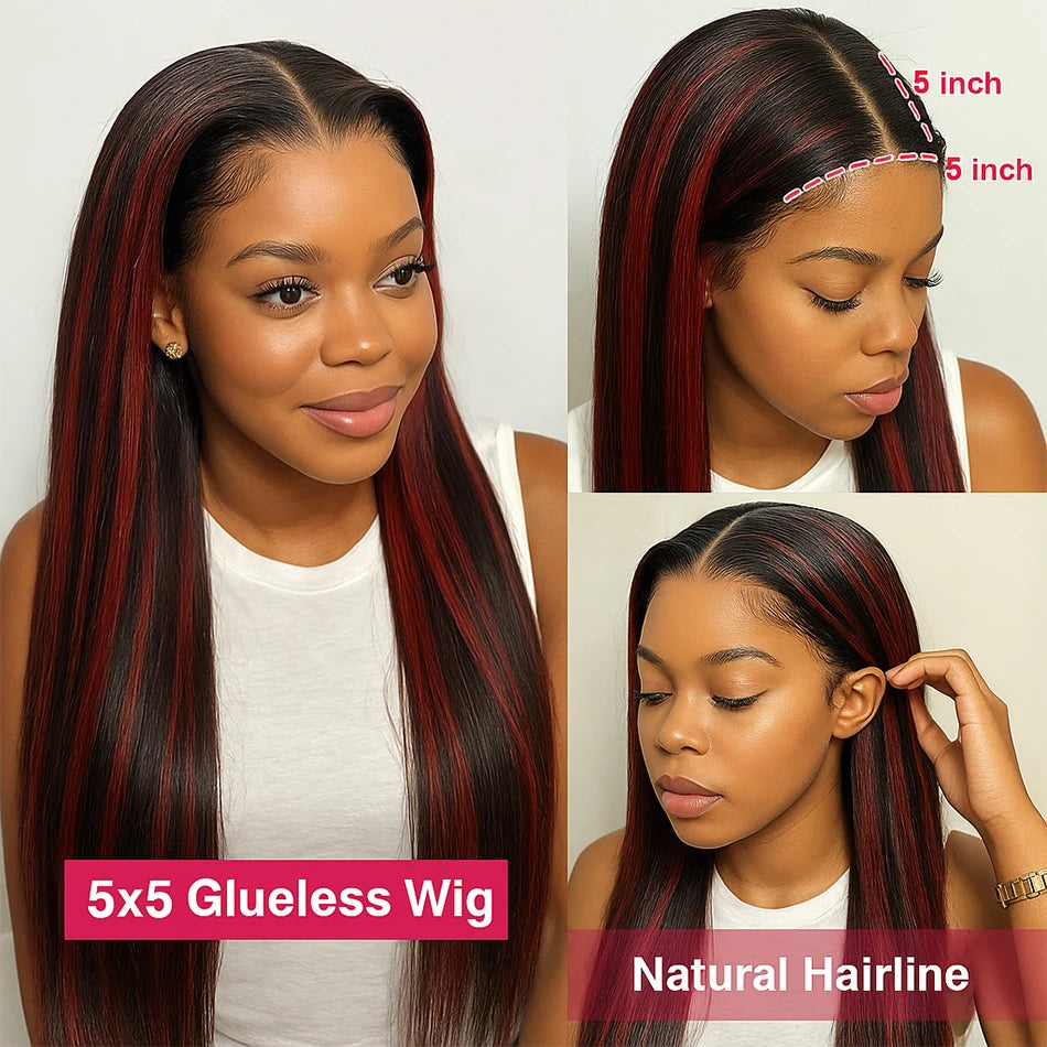200% Upgraded 1B/99J Black With Red Bone Straight 5x5 Highlight Wig Human Hair Brazilian Burgundy Colored Glueless Wig For Women