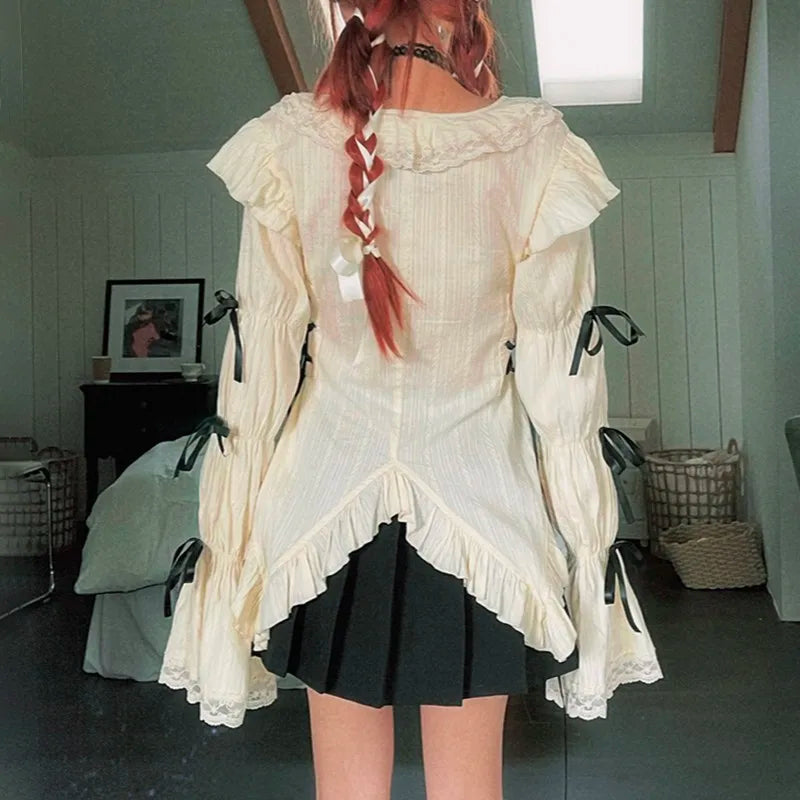 Karrram Y2k Ästhetik Spitze Hemd Grunge Gothic Unregelmäßige Blusen Fee Harajuku Bandage Hemd Vintage Lolita Kleidung Mall Goth