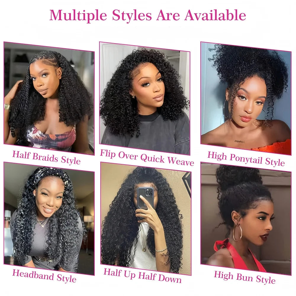 Glueless Half Wigs Human Hair Kinky Curly Headband Wig Upgrade 3 IN 1 No Lace Wig With Drawstring Seamless Clip Ins Flip Over