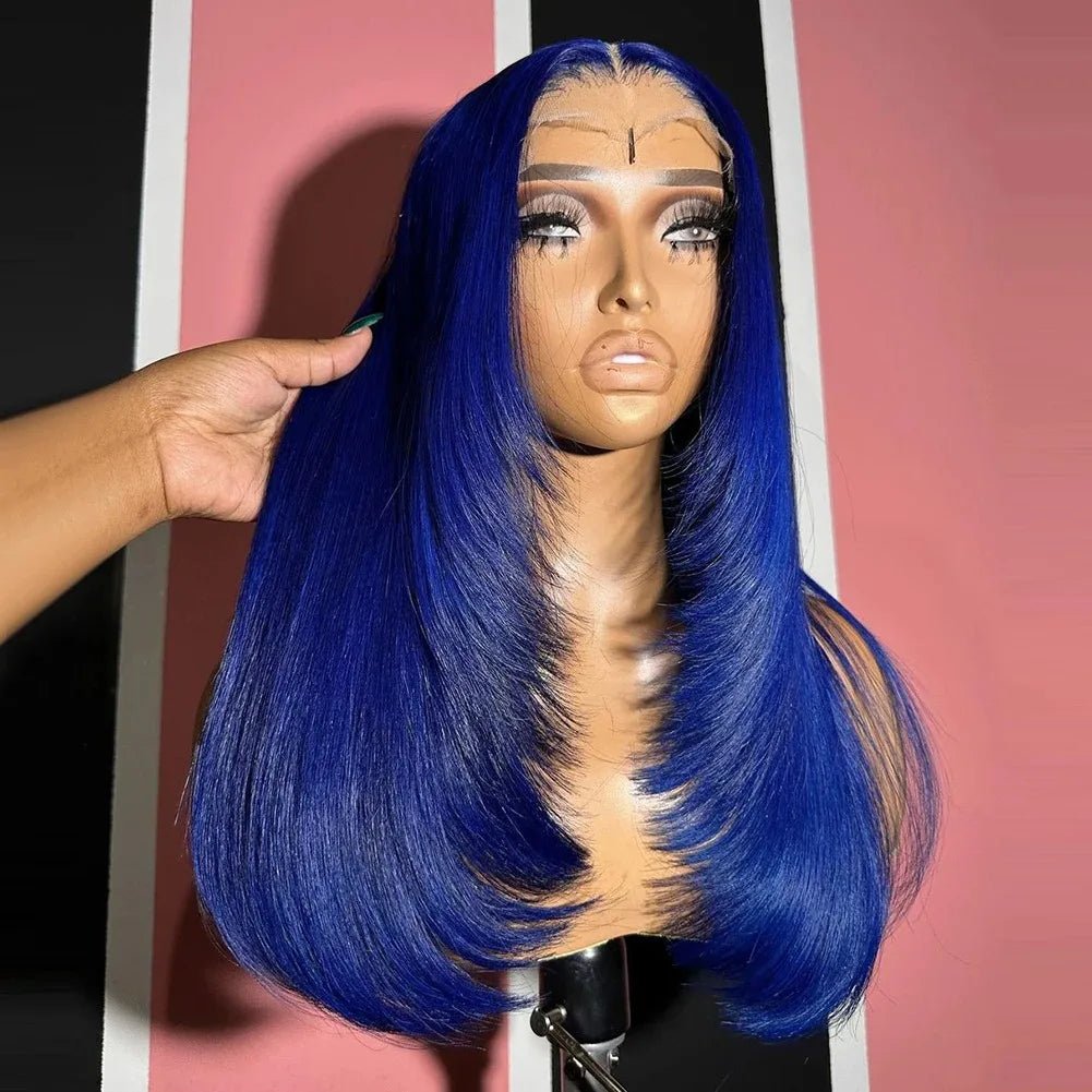 99J Burgundy Red Layered Lace Front Wig With Bangs Bone Straight Synthetic Lace Frontal Wigs 13x4 HD Glueless PrePlucked Cosplay