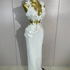 Women Sexy White Flowers V-Neck Tops Bodycon Long Dress Two Pieces Set Eveing Party Prom Gown Nightclub Celebrate Birthday Dress