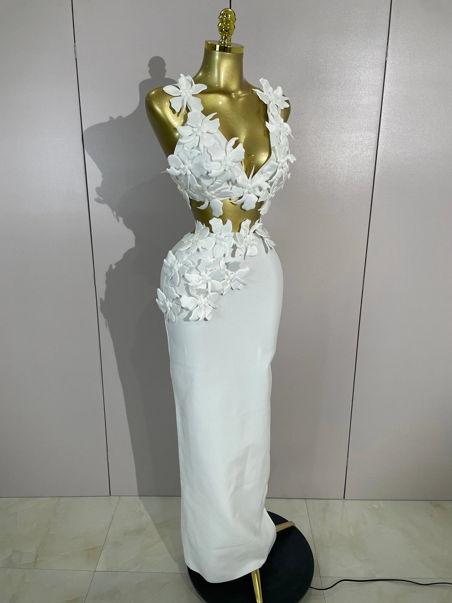 Women Sexy White Flowers V-Neck Tops Bodycon Long Dress Two Pieces Set Eveing Party Prom Gown Nightclub Celebrate Birthday Dress