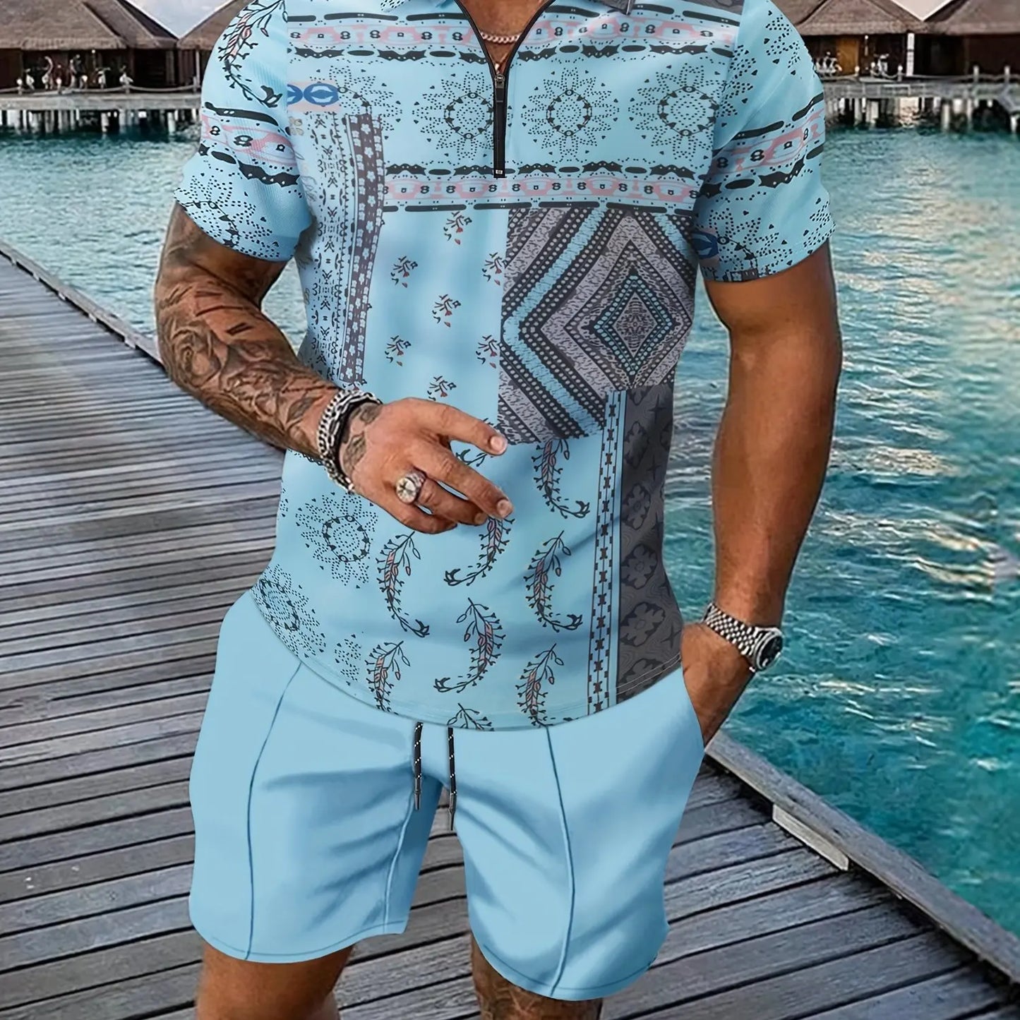 Retro National Stil Totem 3D-Druck Herren Trainingsanzug Set Sommer Reißverschluss Poloshirt + Shorts 2-teiliges Set Herren Kleidung Trainingsanzug Set