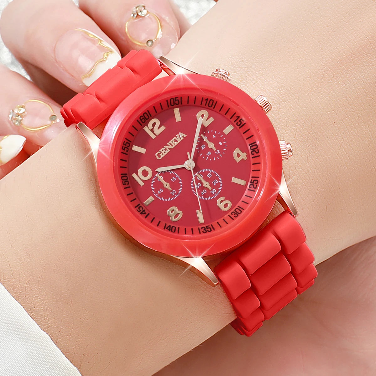 4er-Set Damen Silikonuhr Weiß, Pink, Rot, Schwarz Quarzuhr-Set