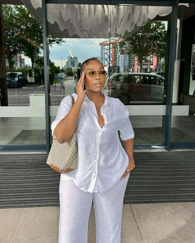Women Casual Two Piece Pant Set Short Sleeve Turn Down Collar Shirts Top and High Waist Loose Wide Leg Pant Matching Set 2025