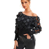 Applikationsbluse mit schrägen Schultern, elegante Langarmbluse für Frühling und Herbst, Damenbekleidung