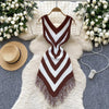 Joskaa 2025 Women's Striped Patchwork Knitted V-Neck Sleeveless Bodycon Asymmetric Fringe Hem Dress Holiday Beach Streetwear