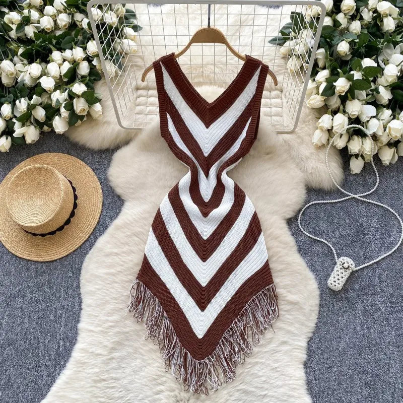 Joskaa 2025 Women's Striped Patchwork Knitted V-Neck Sleeveless Bodycon Asymmetric Fringe Hem Dress Holiday Beach Streetwear