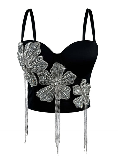3Colors Women Fashion Diamonds Embroidery Flowers Tassel Bustier Corset Crop Tops To Wear Out Evening Club Party Camisoles Top