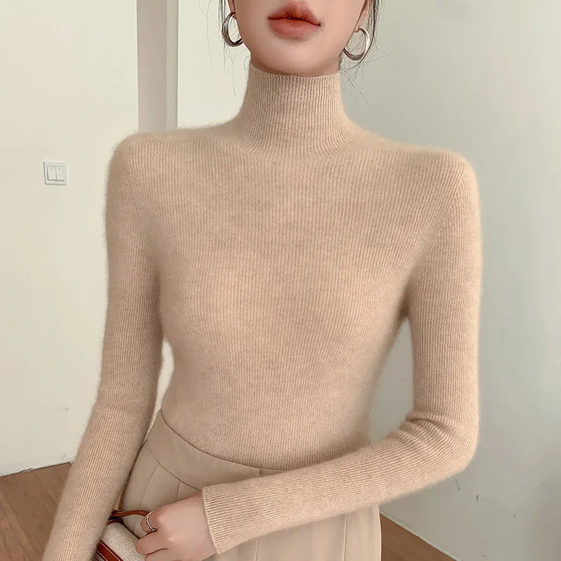 Damen Rollkragen-Basics Kaschmirpullover Herbst Winter Pullover 100% Merinowolle Strickwaren Damen Weicher schmaler Strick Neuer Top