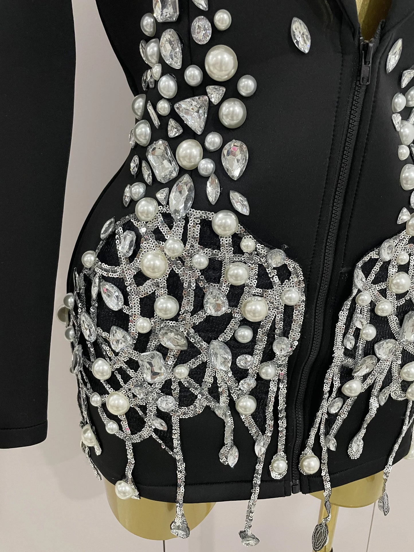 Glitzernde Kristallketten Perlen Langarm Minikleid 2025 Damen Geburtstag Abendparty Nachtclub Outfit Sängerin Hochzeitskostüm