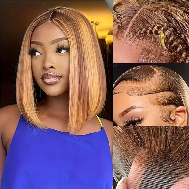 Highlight Perücken Echthaar Straight Bob Perücke 4/27 Ombre 13x4 Lace Front Echthaar Perücke 100% Remy Haar vorgezupft Transparente Spitze