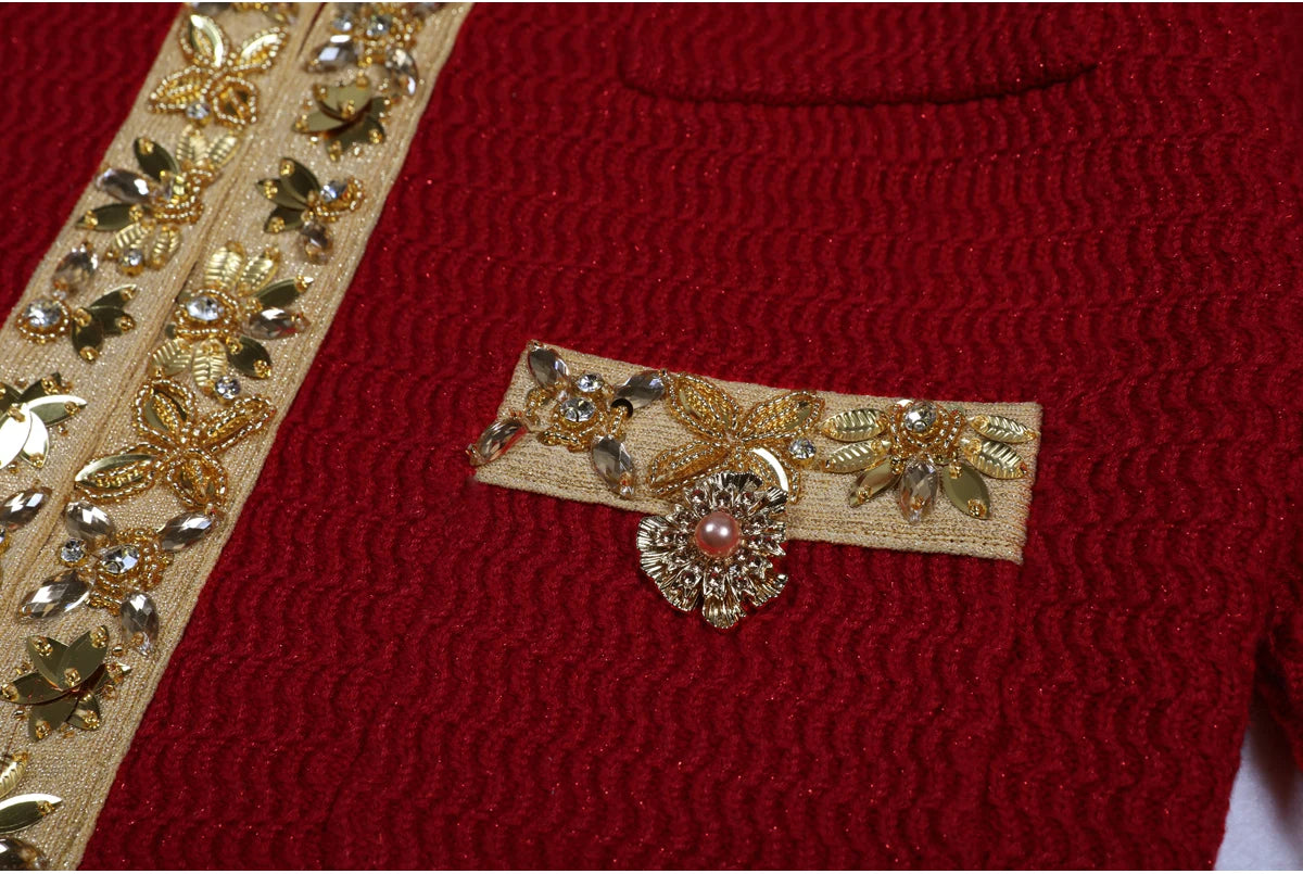 High Quality New Fashionable Elastic Knitted V-neck Luxurious Exquisite Nail Bead Piece Cardigan Slim Fit Short Skirt Women Set