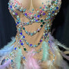 Nightclub Party Celebration Sexy Feather Rhinestone Dress Women Elastic Sleeveless Prom High Slit Dress Stage Performance Outfit