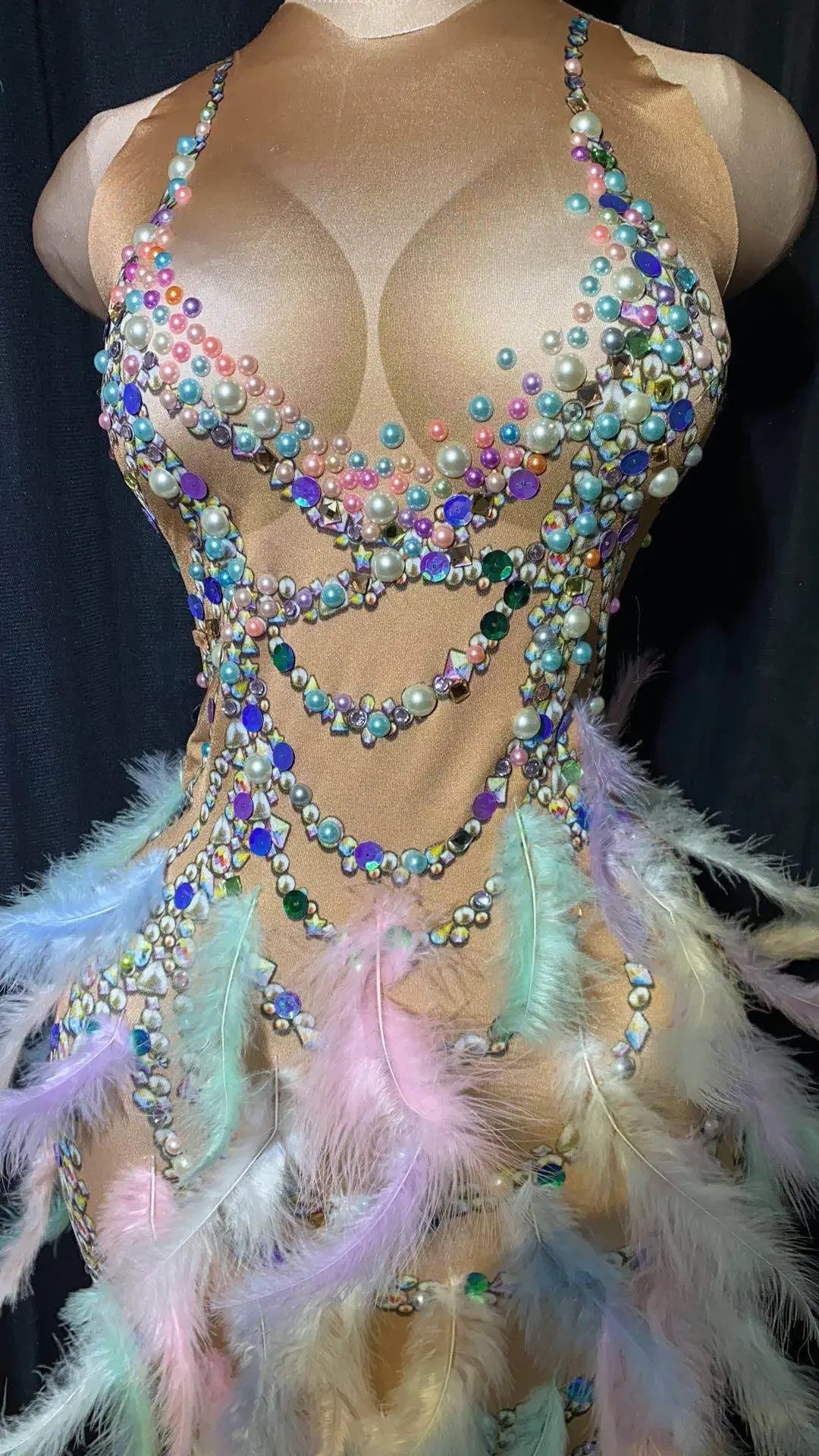 Nightclub Party Celebration Sexy Feather Rhinestone Dress Women Elastic Sleeveless Prom High Slit Dress Stage Performance Outfit