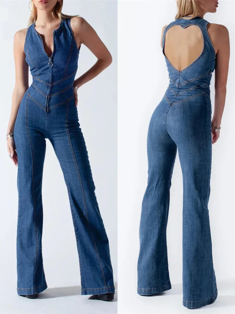 TARUXY Backless Heart Cutout Bodycon Jumpsuit For Women Casual Sleeveless Slim One-Piece Outfits Retro Denim Jumpsuits New 2025