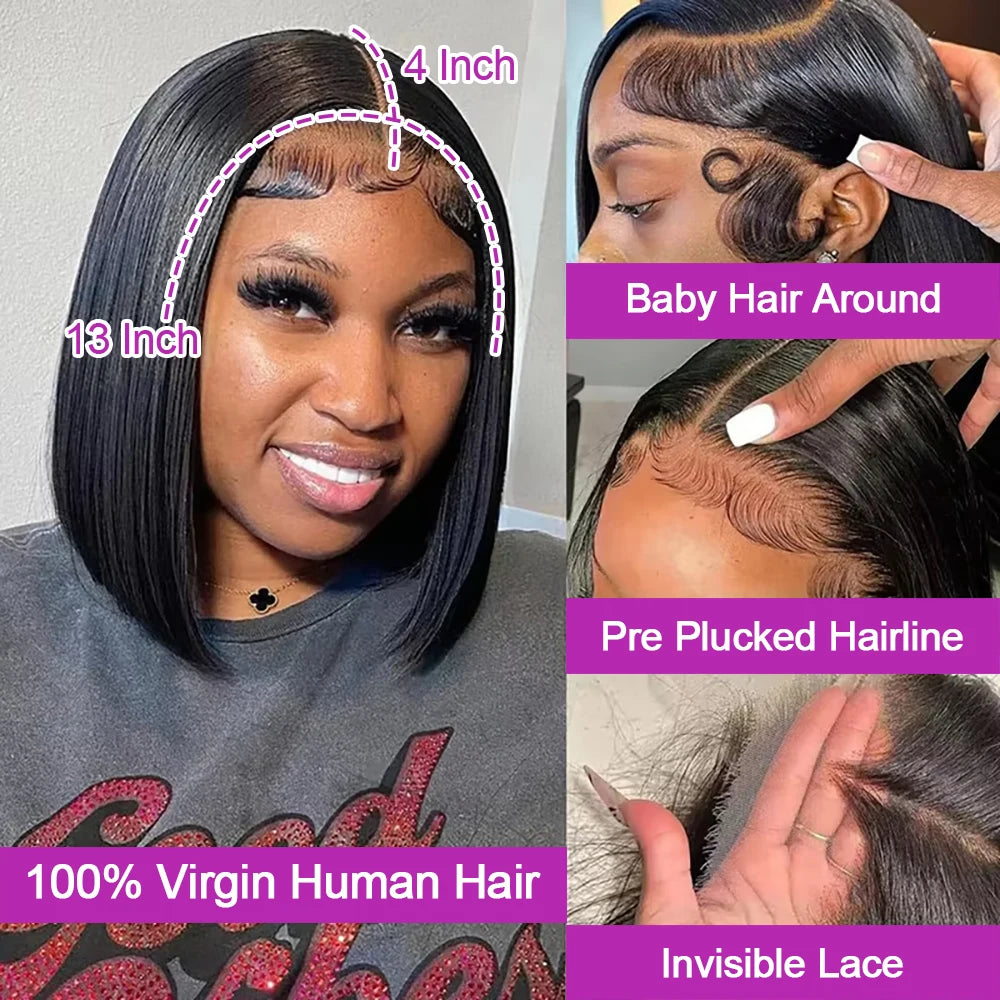 16 Inch Vietnamese Super Double Drawn Bone Straight 13x4 Frontal Bob Wig Glueless Human Hair For Women Natural Black 250 Density