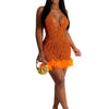 Elegant Luxury Sequins See Through Feather Mini Dress Celebrity Halter Backless Women‘s Sexy Birthday Party Nightclub Vestidos