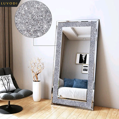 LUVODI Großer, silberner, funkelnder Kristall-Strass-Diamant-Rahmenloser Kosmetikspiegel zur Wandmontage für Zuhause/Hotel
