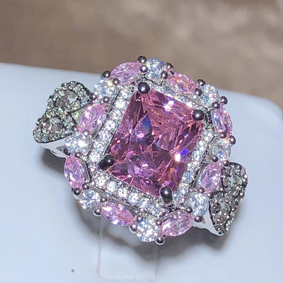 Funkelnder rosa Zirkon-Kollektions-Vierkantring, Damen, 925er Stempel, neue Mode, Schmuck, Party, Geburtstagsgeschenk, Großhandel