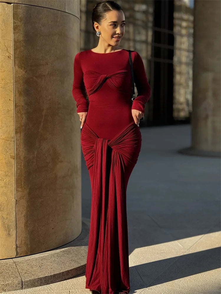 Tossy Damen Plissee Sexy Maxikleid Patchwork Twist Slim Langarm Einfarbig Y2k Herbst Streetwear Kleid Damen Bodycon Kleid