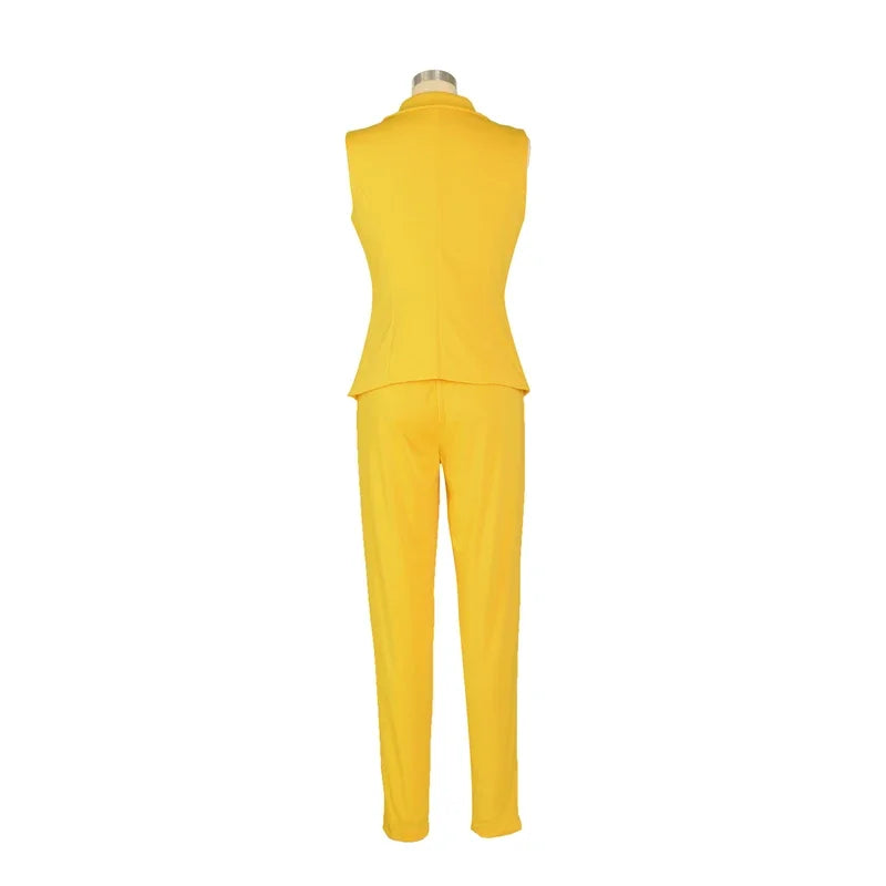Business OL Work Wear Two Piece Pant Suits for Women Set Elegant Sleeveless Blazer Top + Pencil Pants Office Lady Matching Sets