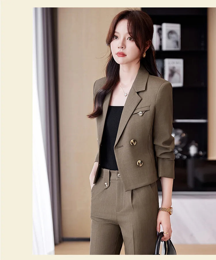 Solid Suits for Women 2024 Spring Fashion Office Ladies Long Sleeve Double Breasted Short Tops Chic Slim High Waisted Pant Suits